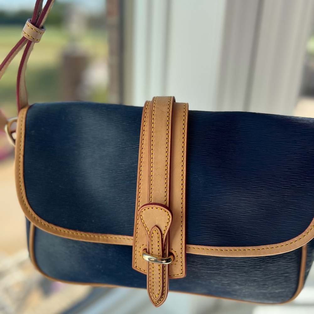VINTAGE DOONEY & BOURKE SADDLE BAG, BLUE LEATHER WITH TAN TRIM
